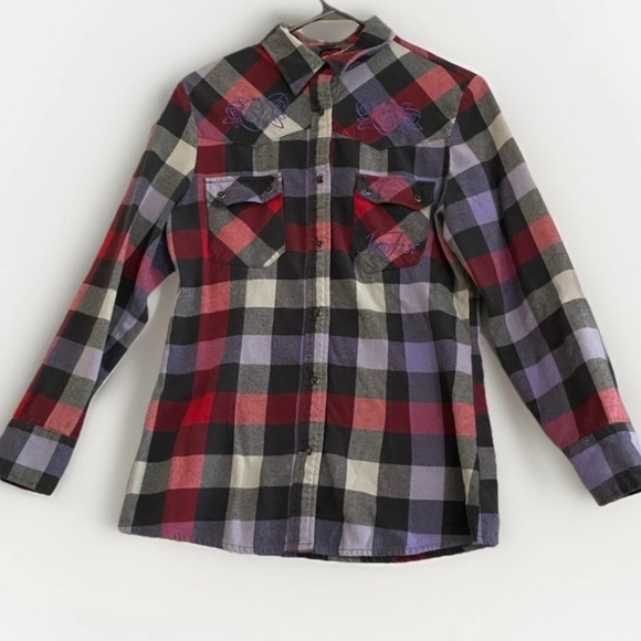 Iron Fist Vintage Embroidered Purple Plaid Women’s Button Down Shirt Y2K Size M - Picture 1 of 9